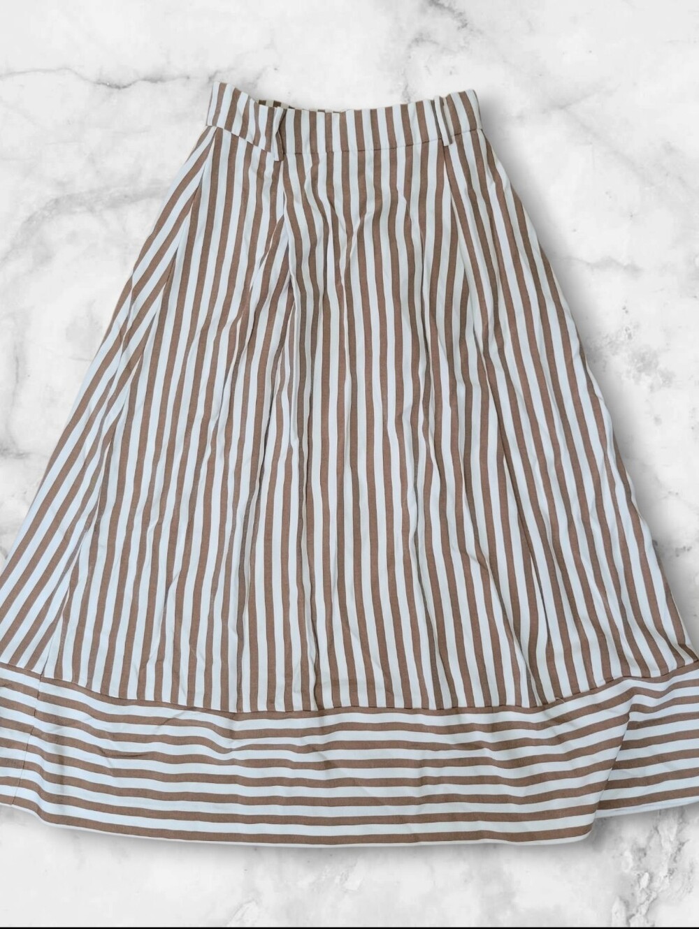 Ann Taylor Beige White Striped A-Line Midi Skirt